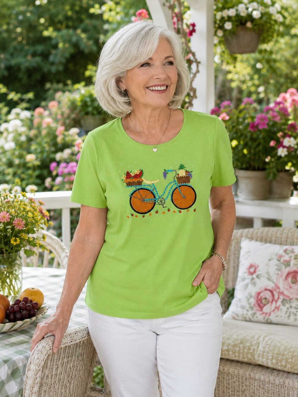 Quacker Factory Fruit Bicycle Rhinestone Tee Large